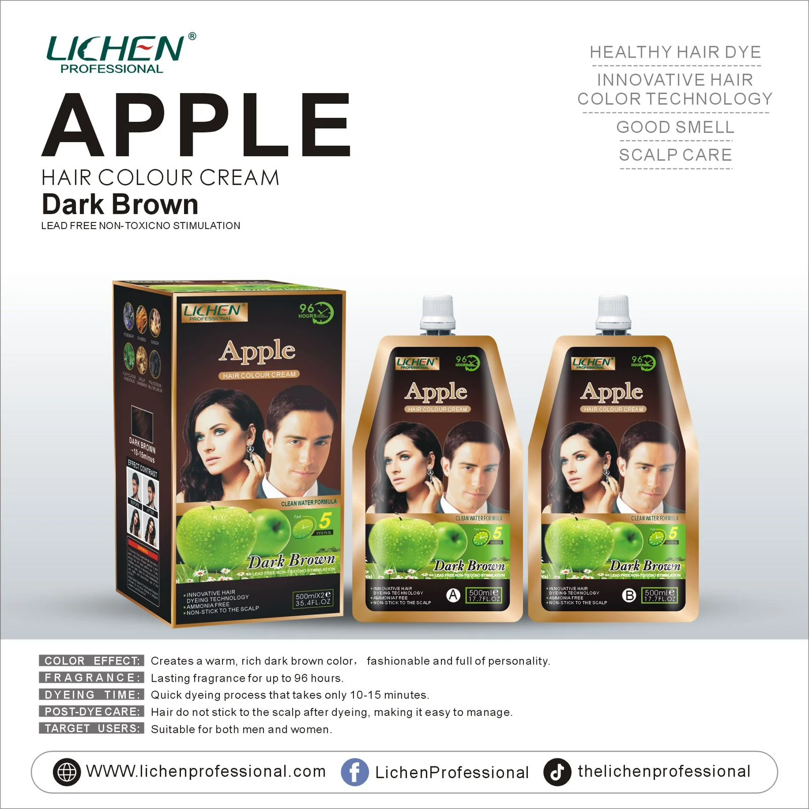 lichen apple hair colour cream 1000ml 500ml cream + 500ml developer Lichen Apple Hair Colour Cream Dark Brown 1000ml value pack with two 500ml pouches on SastaSwag.