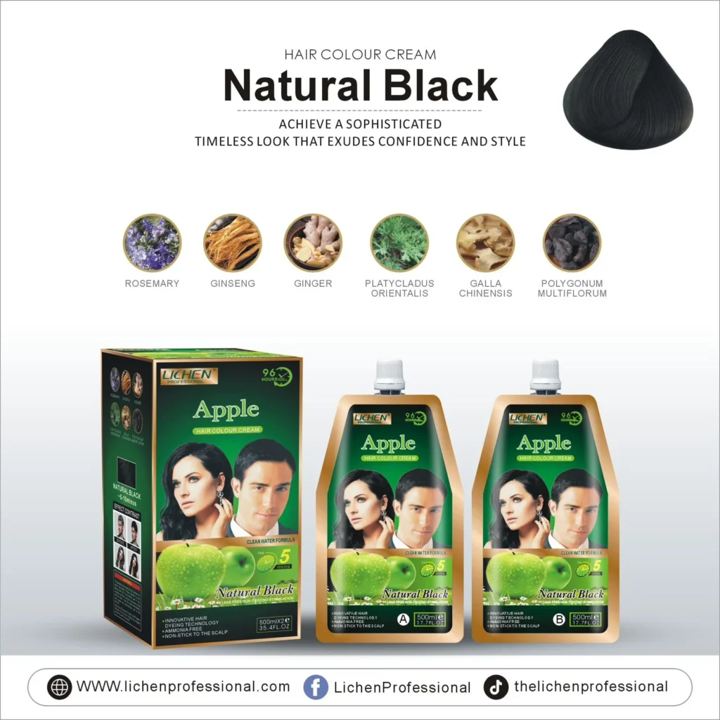 Home Lichen Apple Hair Colour Cream Natural Black 1000ml value box pack containing natural extracts on SastaSwag.