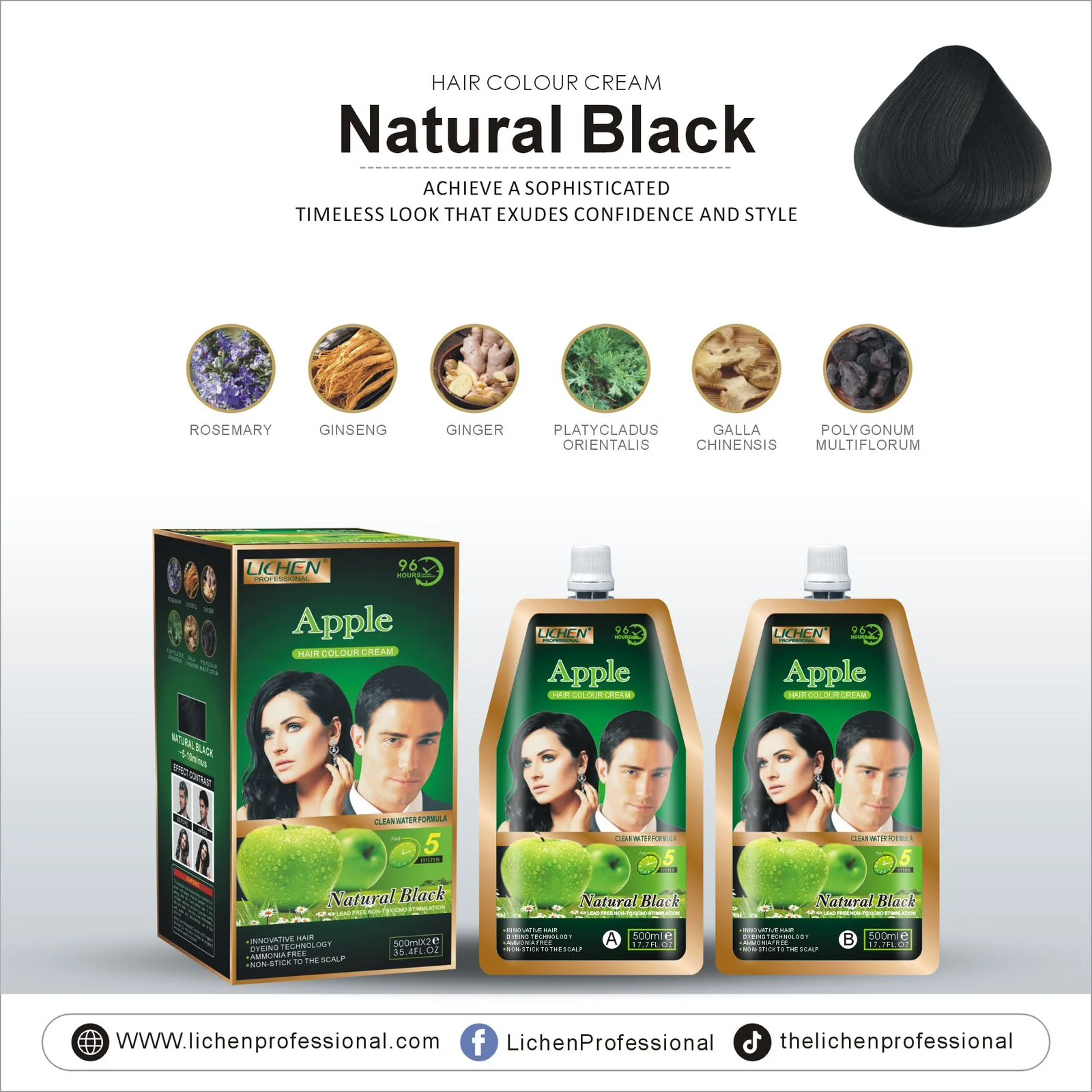 lichen apple hair colour cream 1000ml 500ml cream + 500ml developer Lichen Apple Hair Colour Cream Natural Black 1000ml value box pack containing natural extracts on SastaSwag.